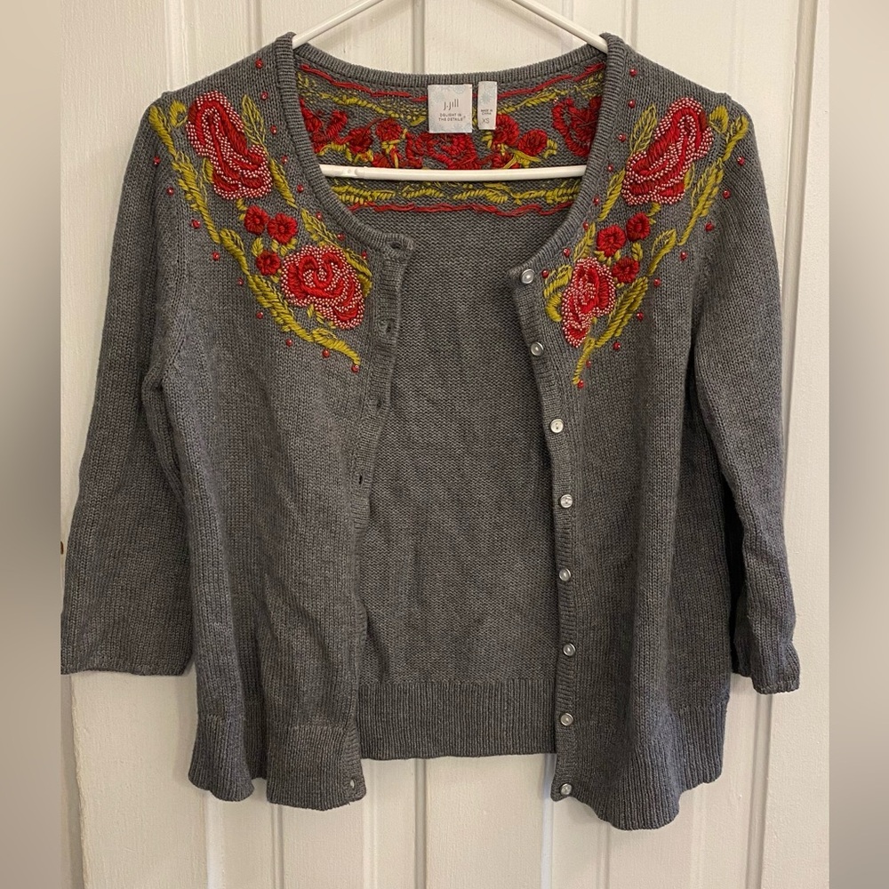 J. Jill Gray Embroidered Floral Beaded Cardigan 
Size XS
